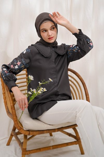 Blus Lura Bordir Charcoal Grey Big Size